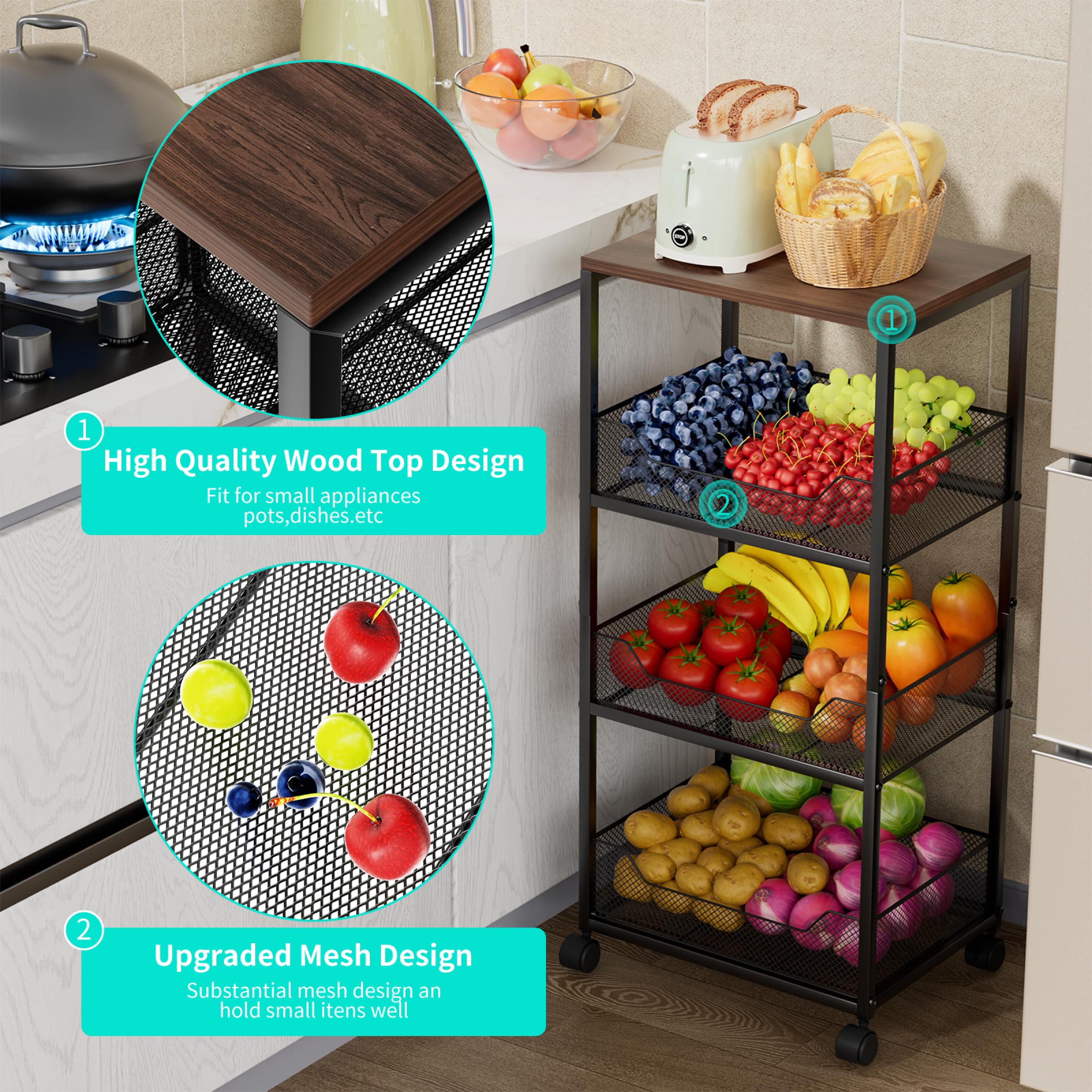HapiRm rolling kitchen cart on 360-degree wheels for easy mobility.