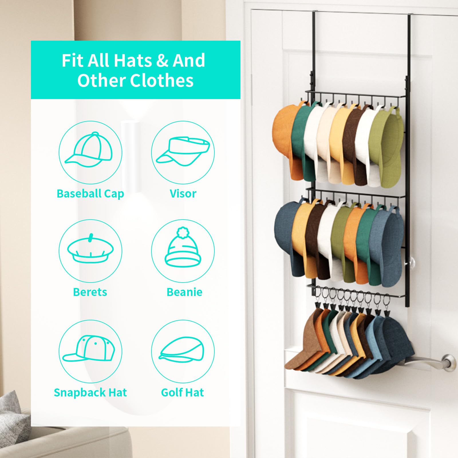 HapiRm hat rack with movable clips adapts to scarves and accessories.