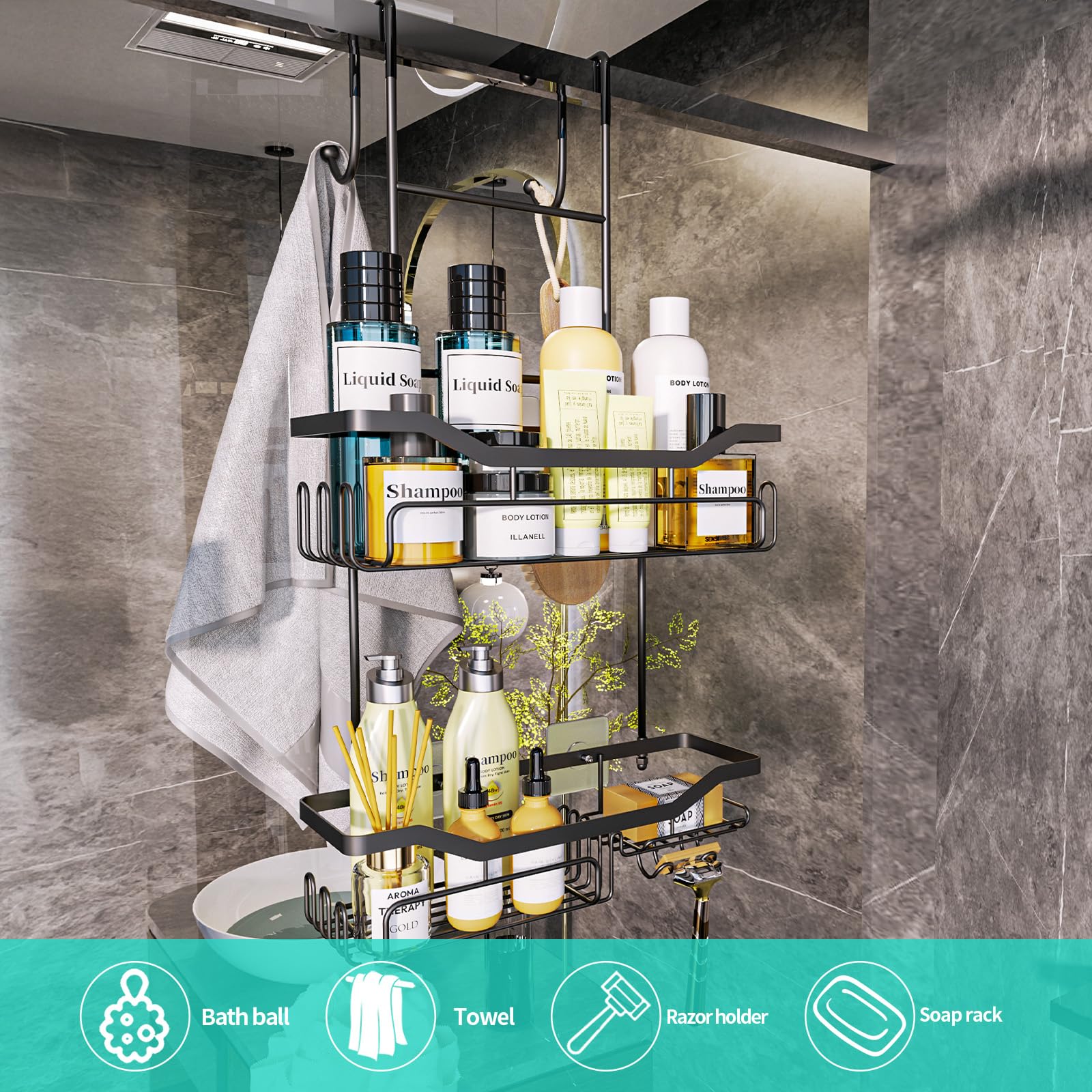 Non-slip silicone pads prevent movement and protect bathroom walls.