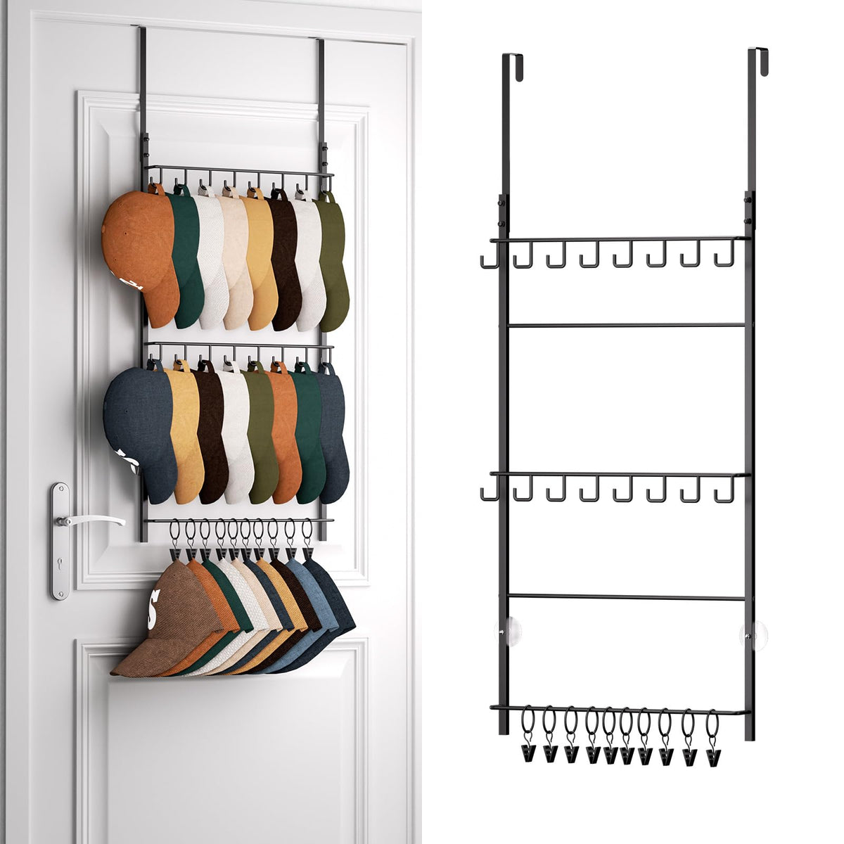 HapiRm over-door hat rack with 16 hooks for quick cap access.
