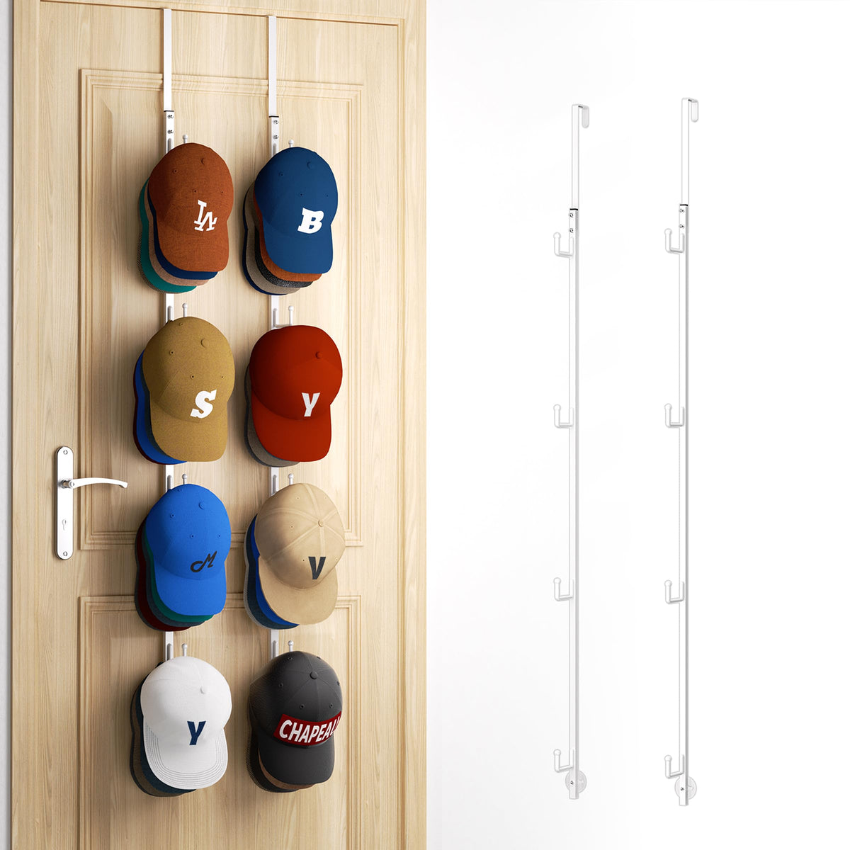 HapiRm over-door hat rack with 8 hooks keeps caps organized and accessible.