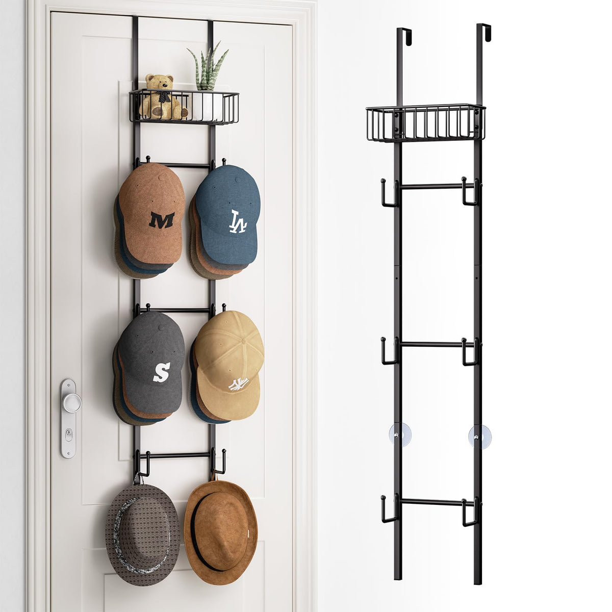HapiRm over door hat rack front view shows six-hook design for organized caps