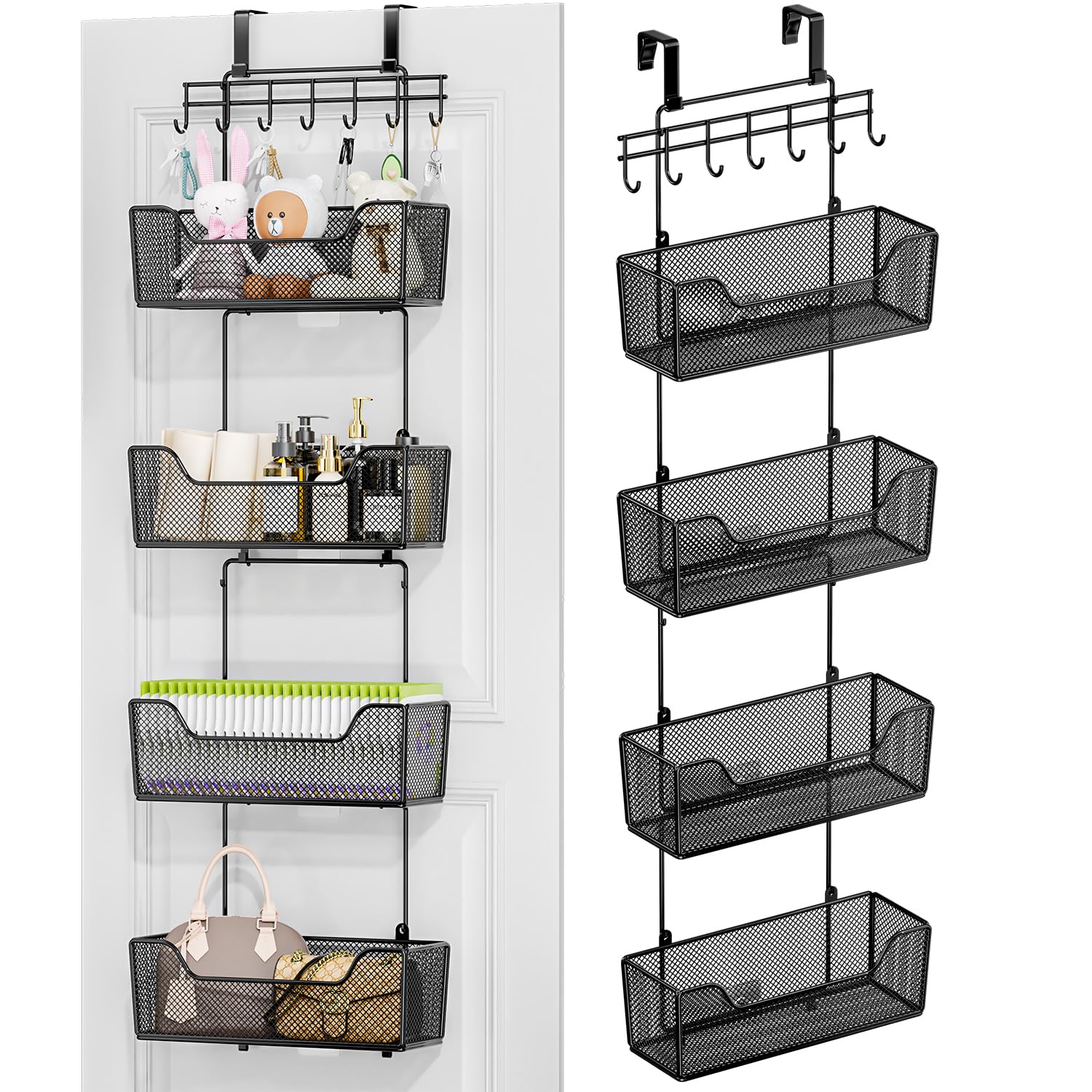 HapiRm Over The Door Organizer with large metal baskets for towels and cosmetics.