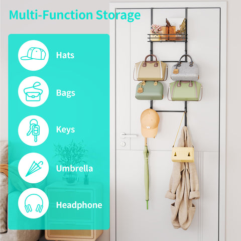 HapiRm purse rack offers both wall mounting and door hanging for flexible placement.