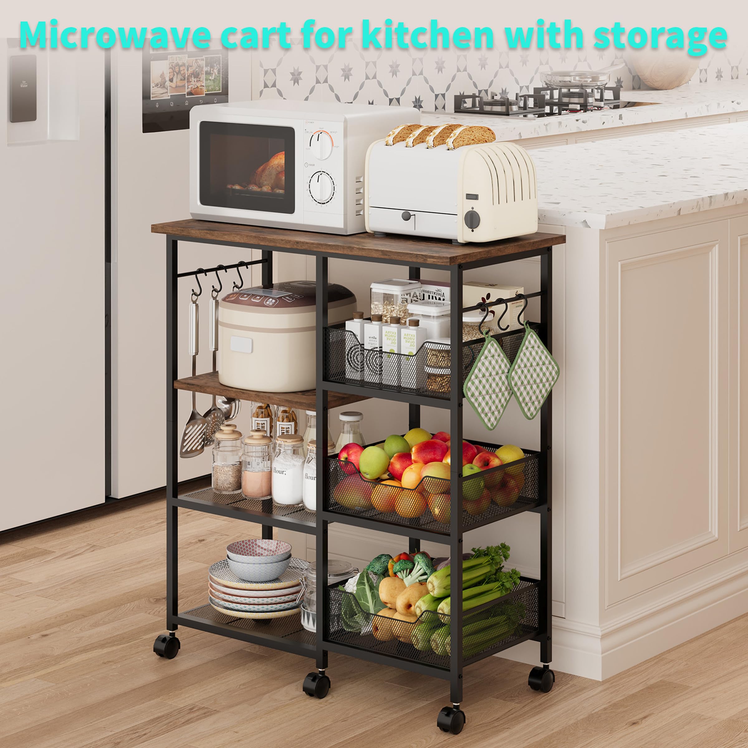 HapiRm kitchen cart with 3 wire baskets for pantry organization