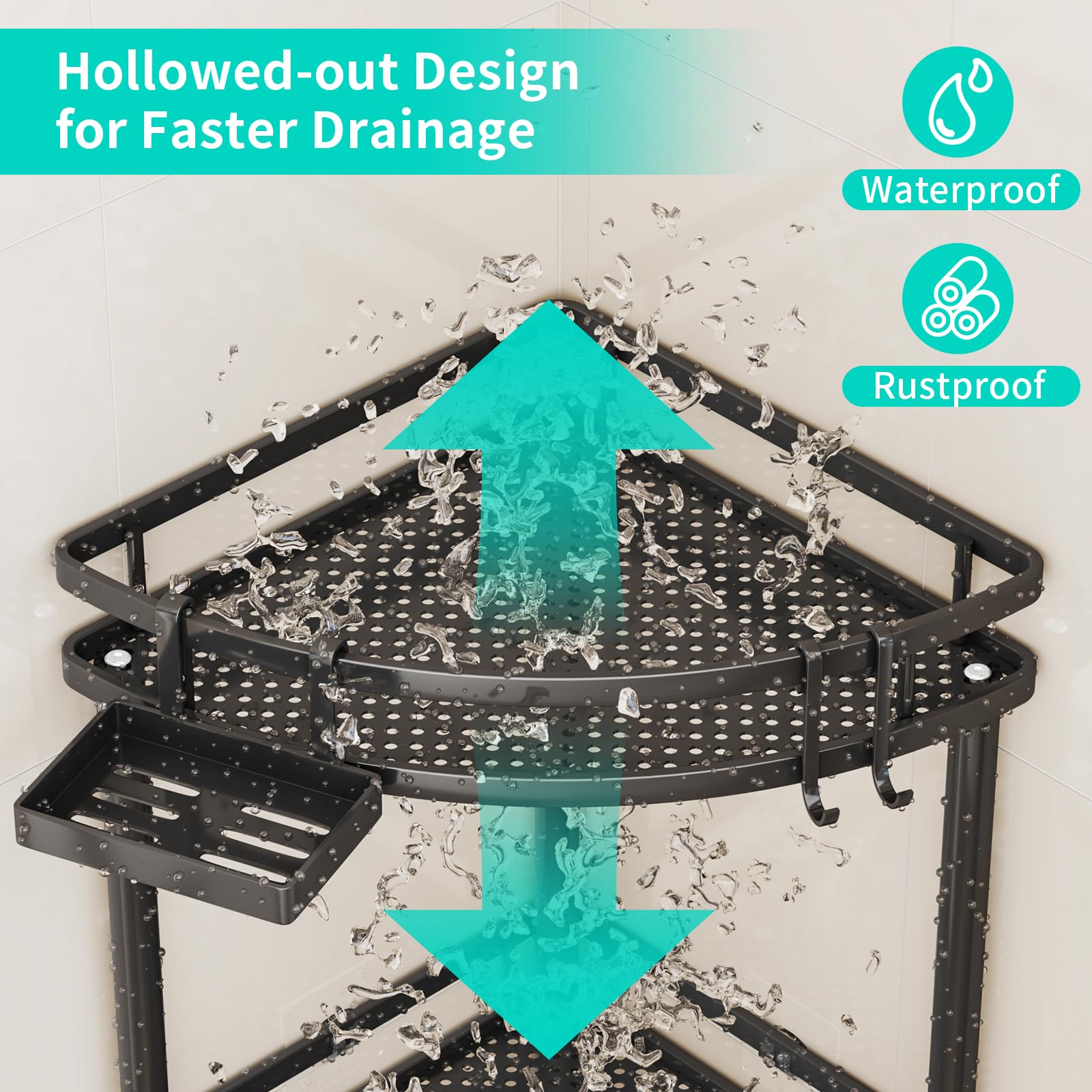 HapiRm shower caddy header featuring four hooks for towels and tools
