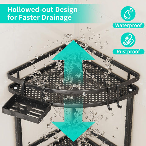 HapiRm shower caddy header featuring four hooks for towels and tools