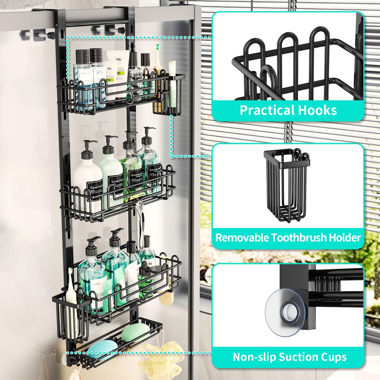 HapiRm adjustable shelves adapting to tall bottles for flexible bathroom storage.