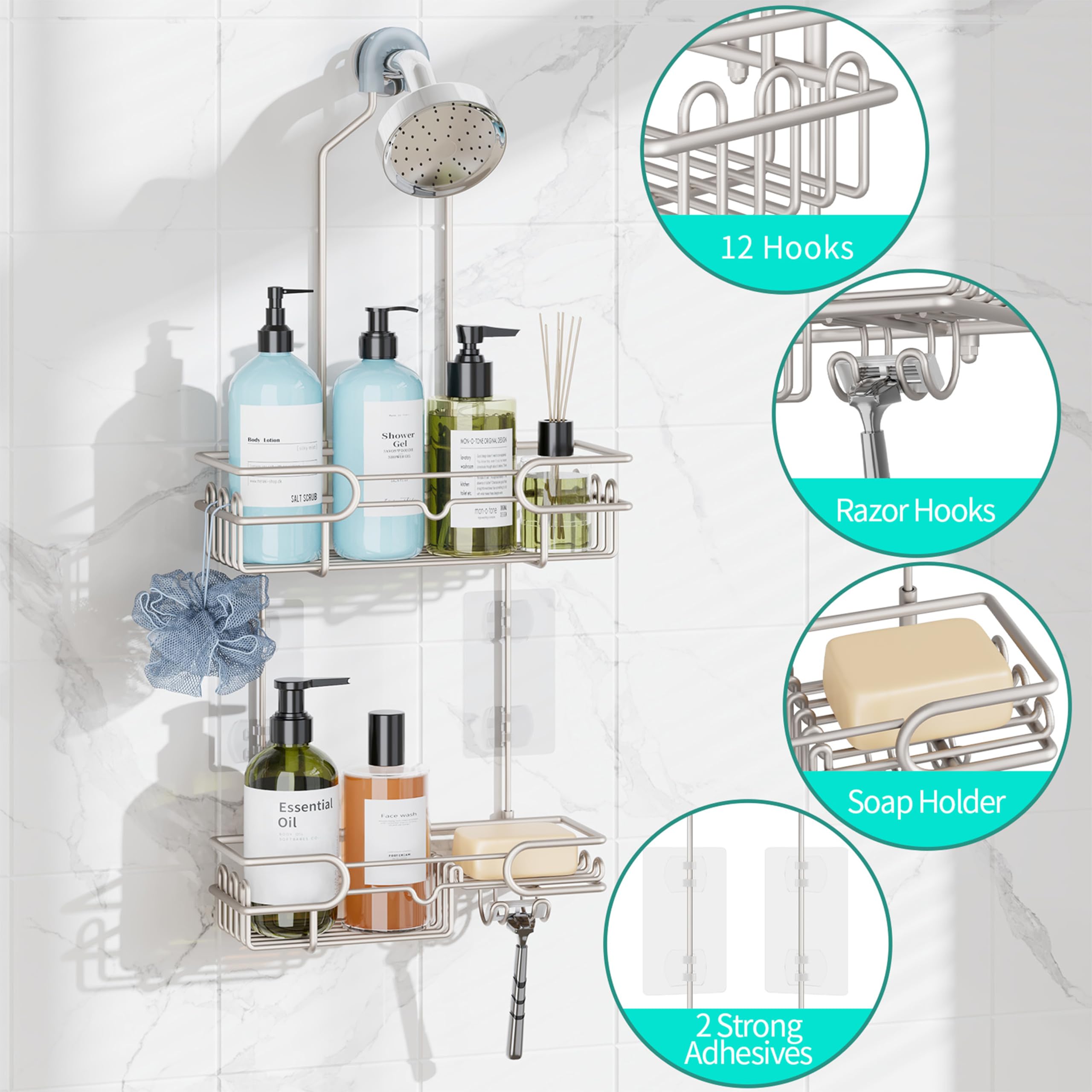 hapirm dual-tier shelves keep shampoos and conditioners organized.