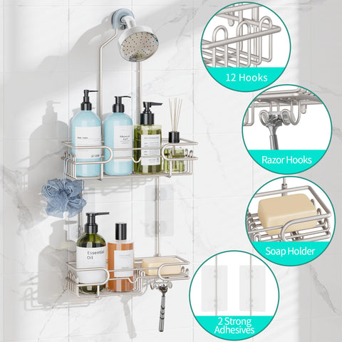 hapirm dual-tier shelves keep shampoos and conditioners organized.