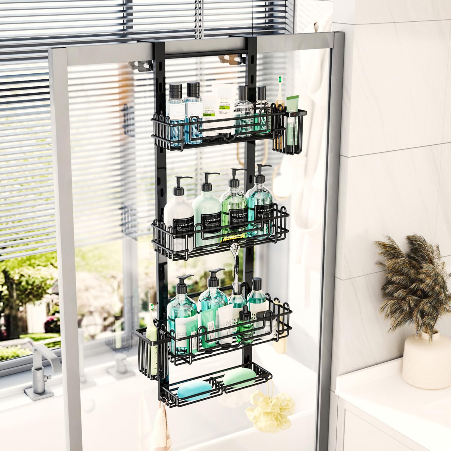 Full-length 33.26-inch shower caddy with adjustable width for door fit.