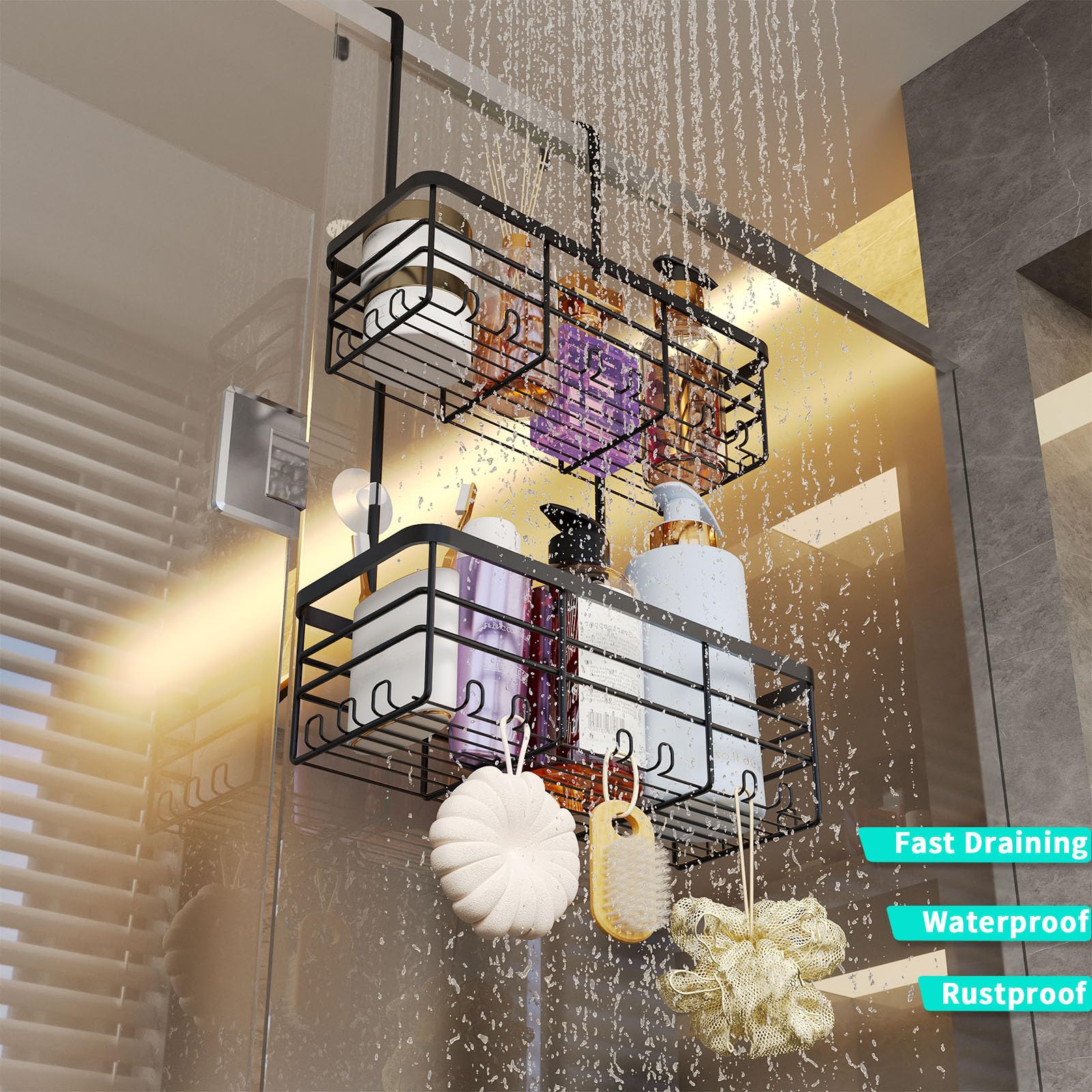 HapiRm hooks compartments feature convenient hooks for razors and bath balls.