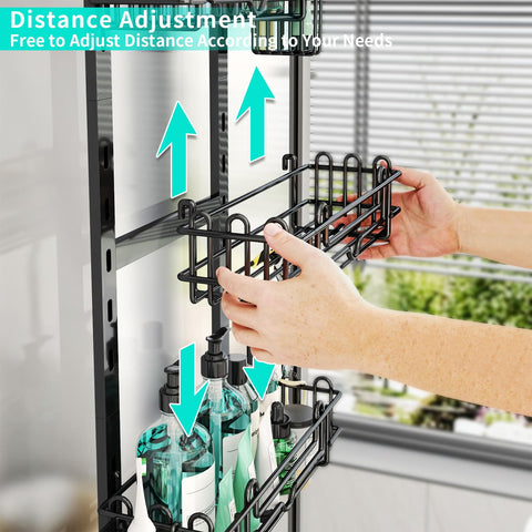 HapiRm adjustable shelves shown fitting tall bottles for versatile storage.