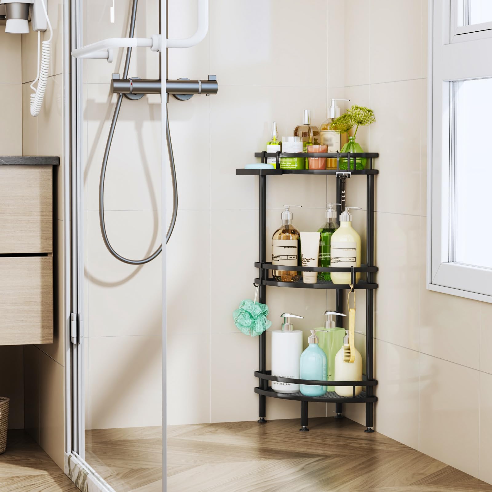 HapiRm space-saving corner storage fits compact bathrooms neatly