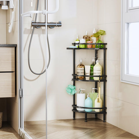 HapiRm space-saving corner storage fits compact bathrooms neatly