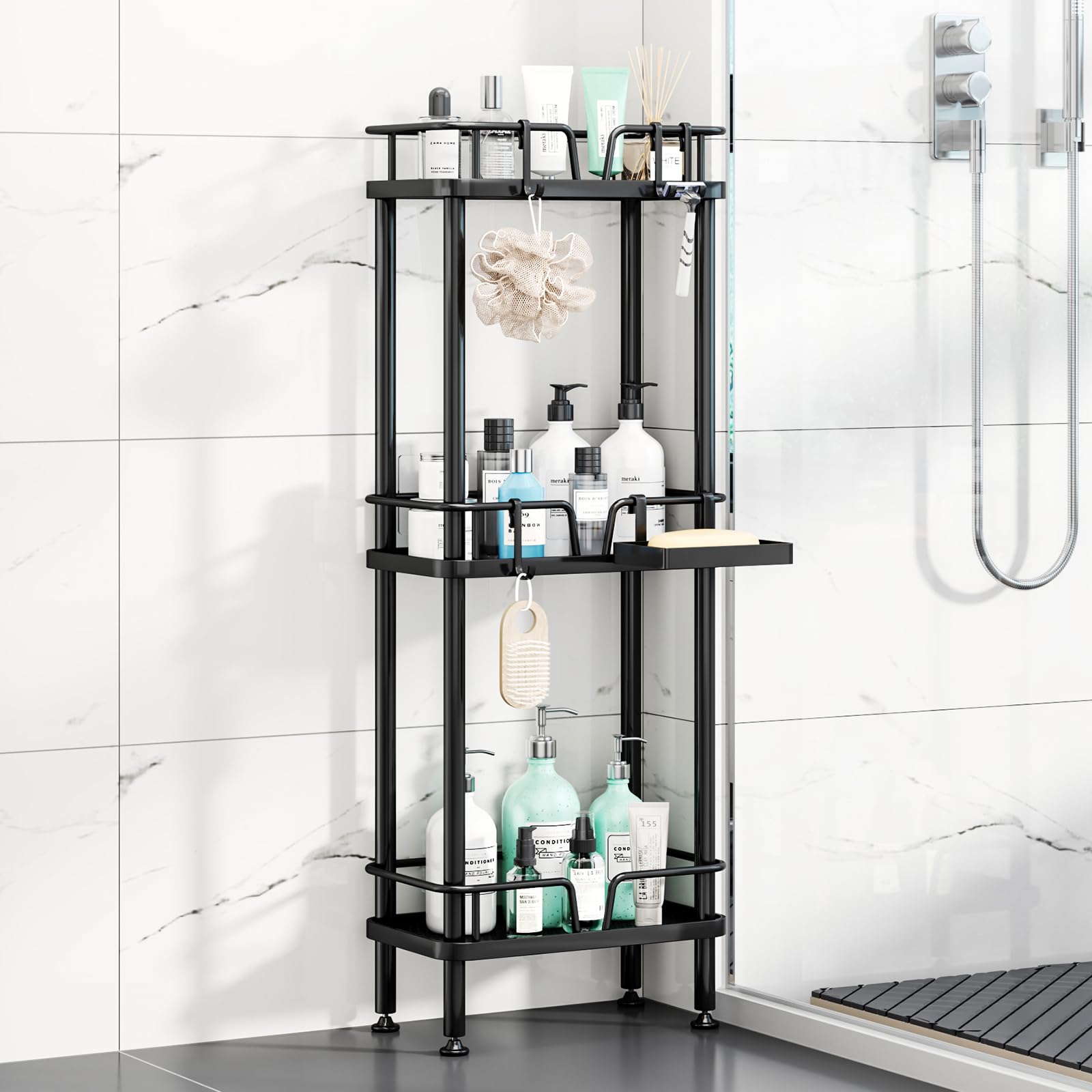 HapiRm standing corner shower caddy with 3-tier racks for organized bathroom storage