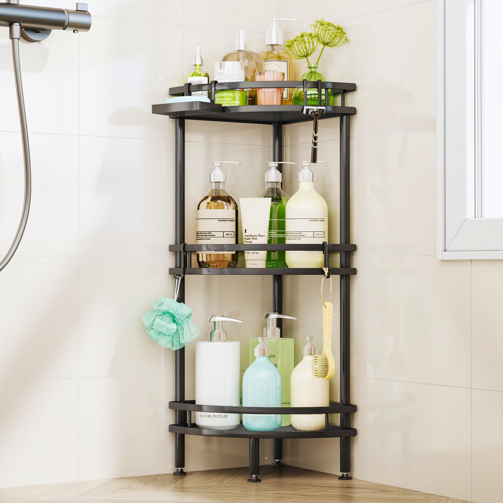 HapiRm standing corner shower caddy with a 3-tier design for organized shower essentials