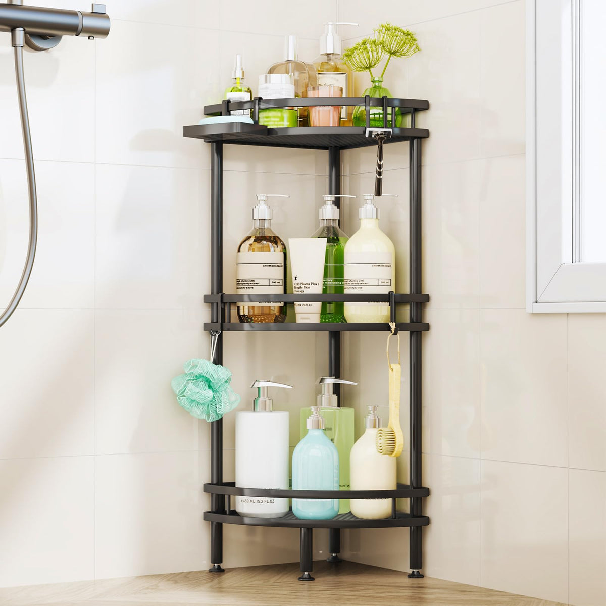 HapiRm standing corner shower caddy with a 3-tier design for organized shower essentials