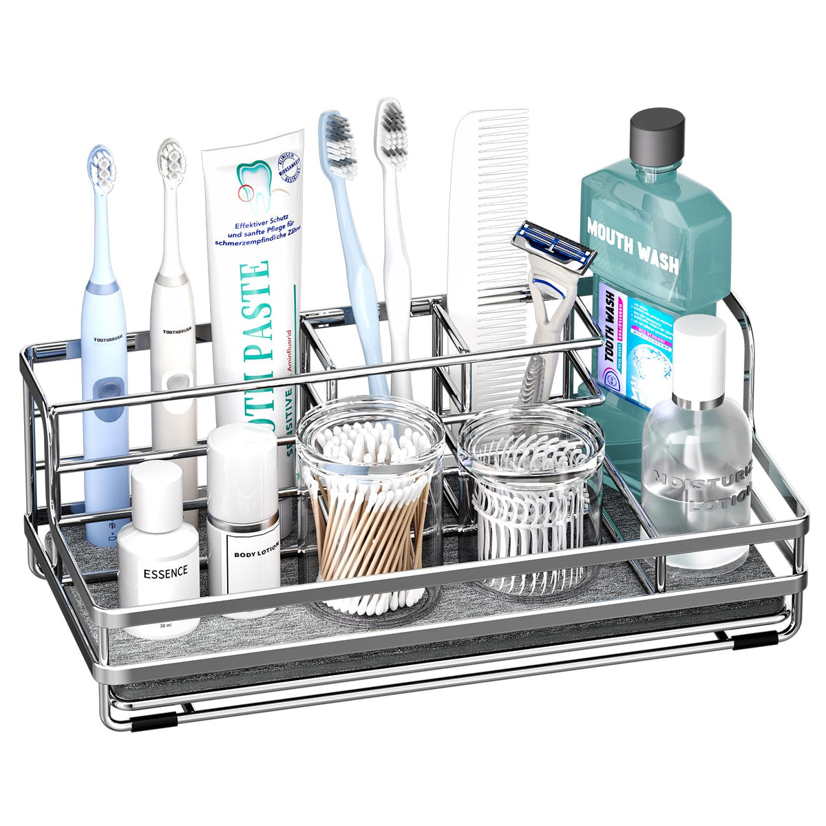 HapiRm 5-partition toothbrush holder on a clean bathroom counter, organized storage.