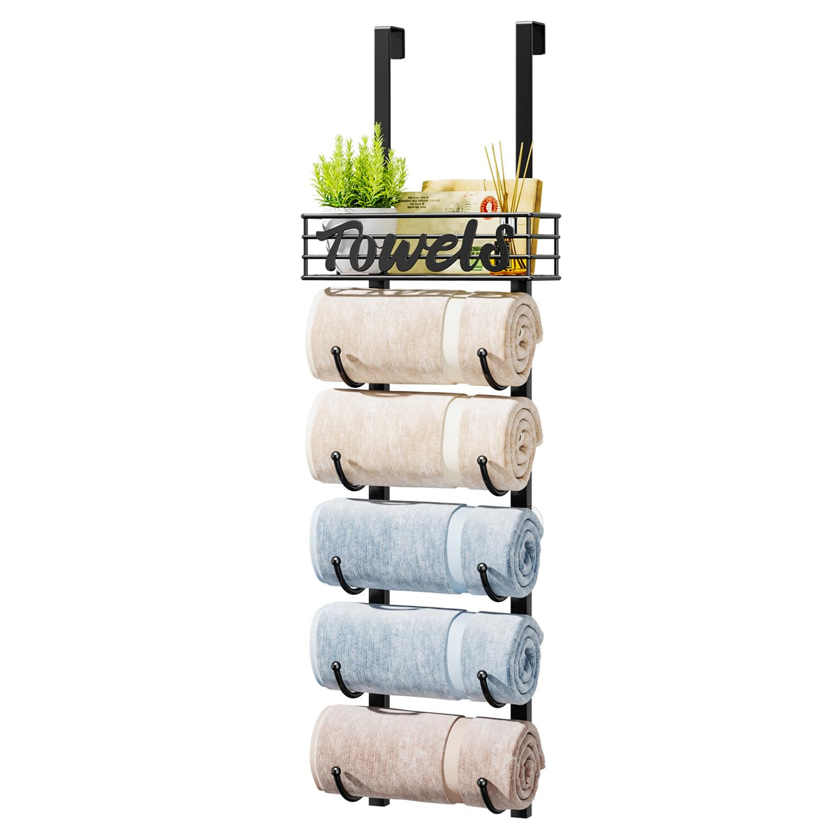 HapiRm towel rack over door with six tiers saves space in small bathrooms.
