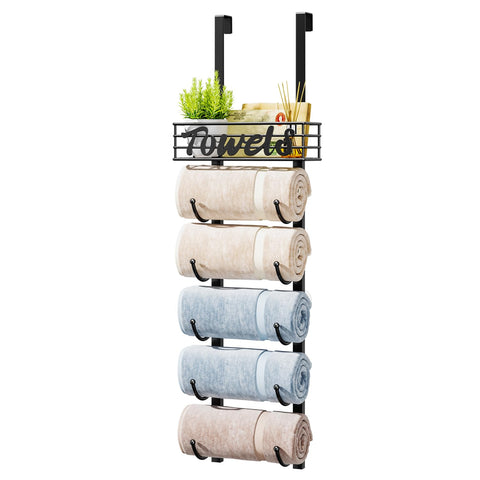 HapiRm towel rack over door with six tiers saves space in small bathrooms.