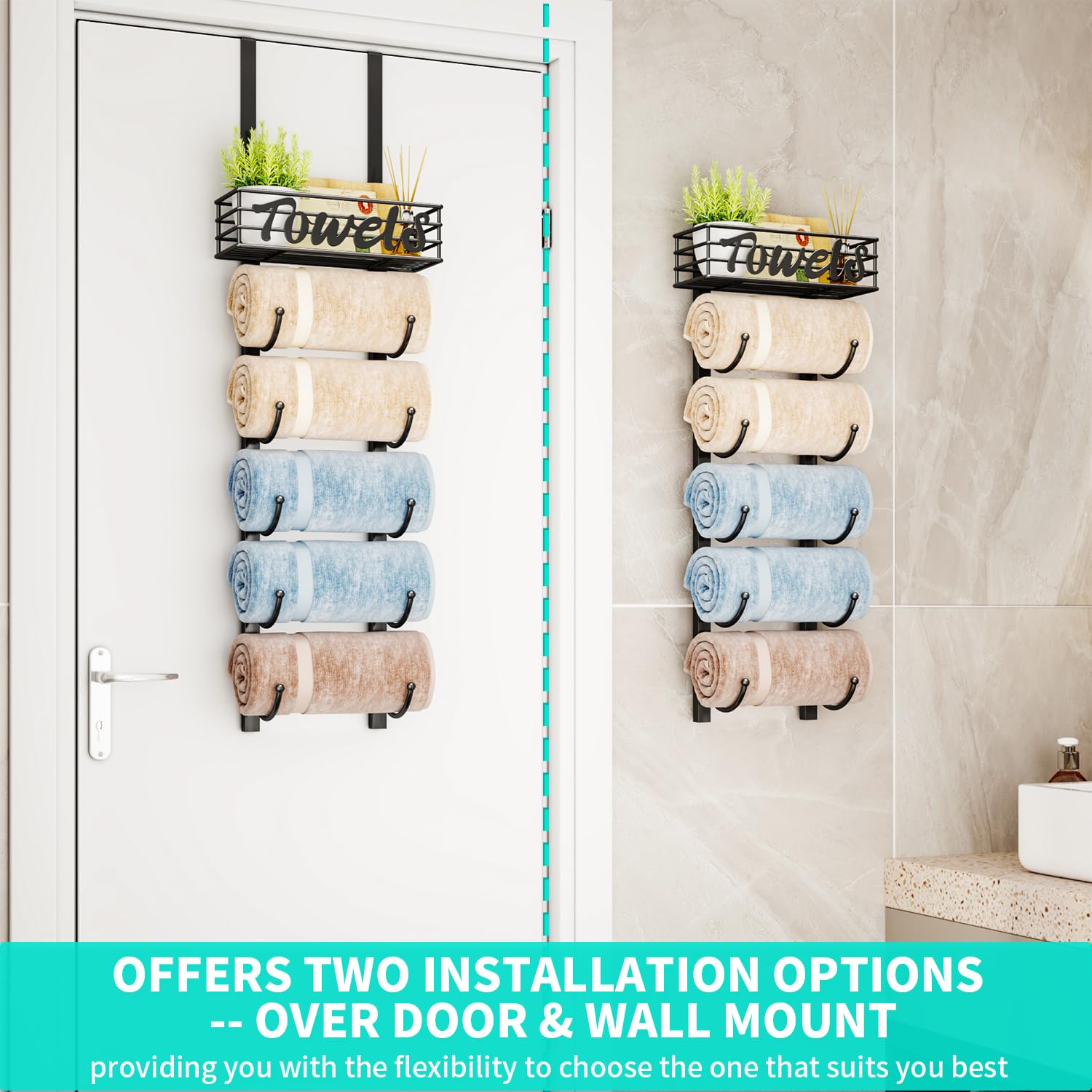 HapiRm wall mount six-tier rack keeps towels organized in compact baths.
