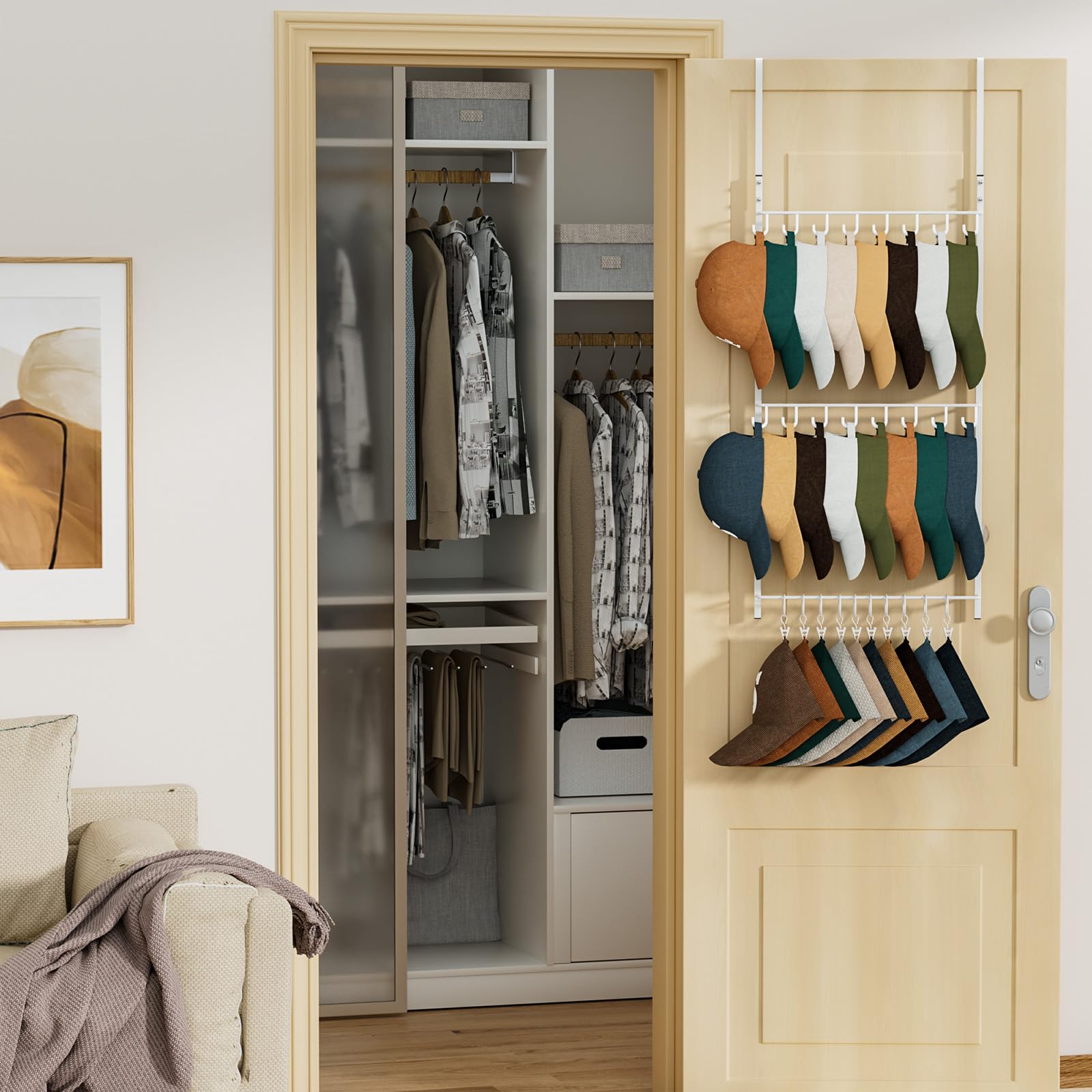 HapiRm wall-mounted cap rack neatly displayed on a bedroom wall