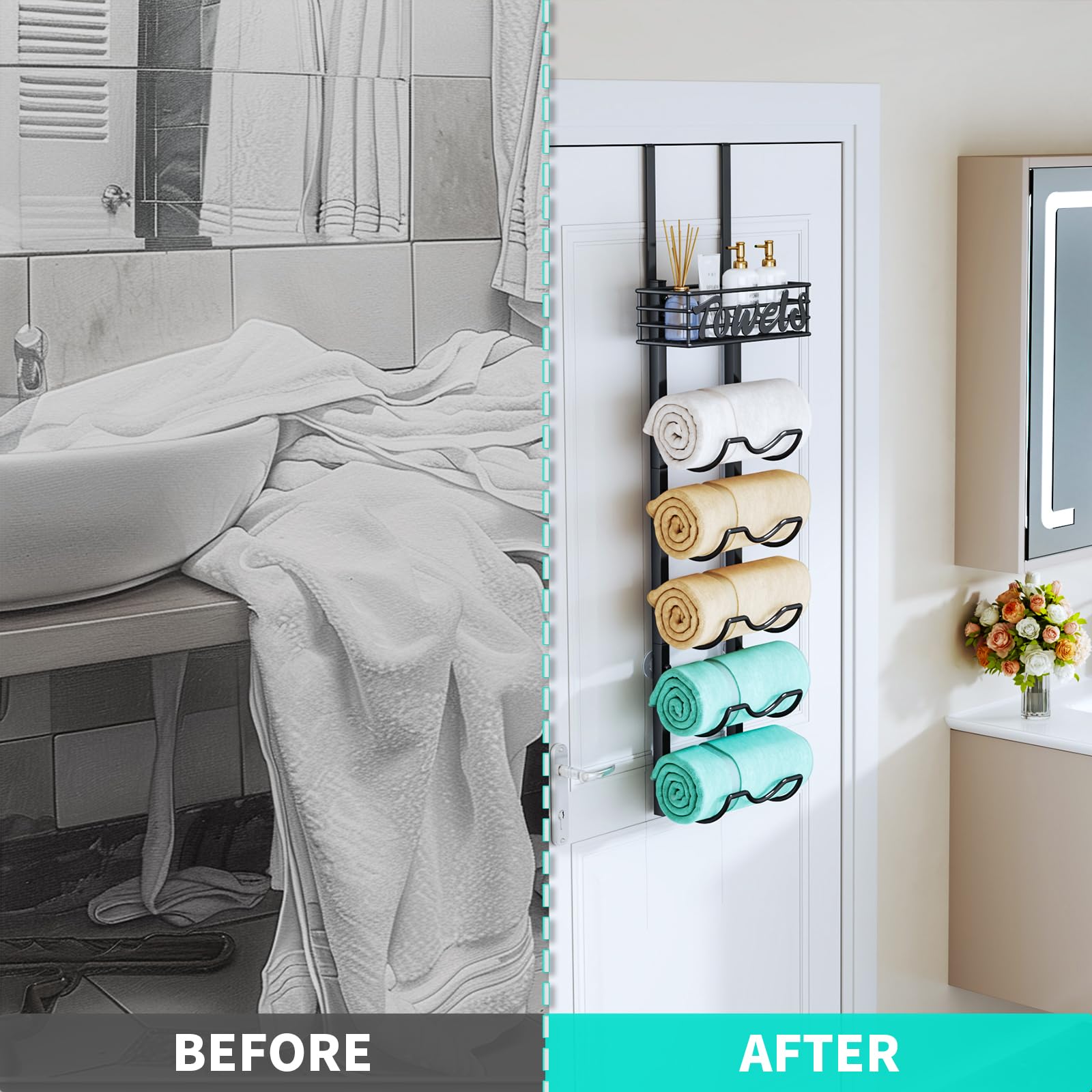 HapiRm wall-mount towel organizer optimizing vertical space in small bathrooms.