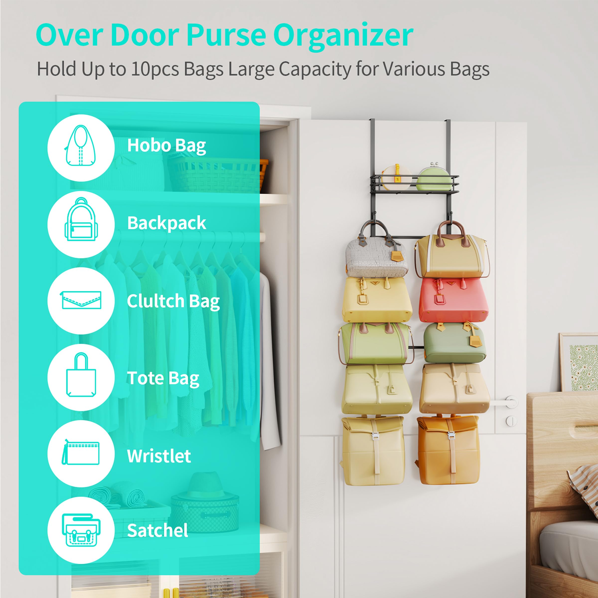 HapiRm wall-mounted purse rack with metal basket stores handbags stylishly and efficiently.