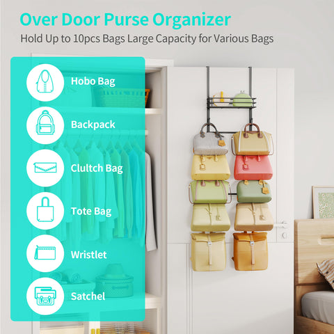 HapiRm wall-mounted purse rack with metal basket stores handbags stylishly and efficiently.