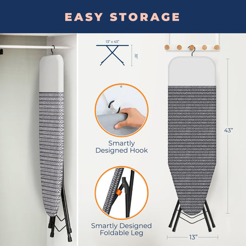 Happhom ironing board integrated hanger enables easy wall or closet stowage.