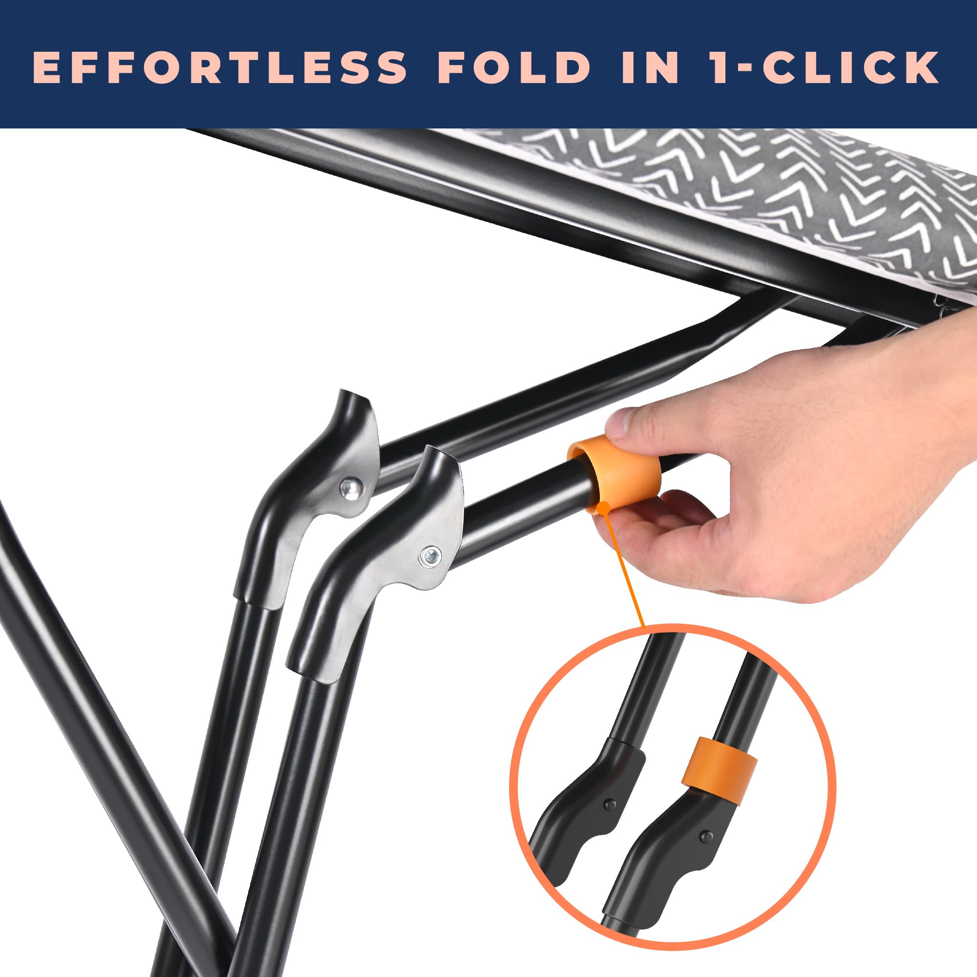 Happhom ironing board foldable leg features a patented lock system for secure storage.