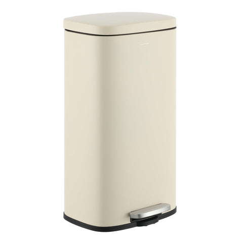Happimess Curtis 8-gallon trash can with satin beige finish for compact spaces.
