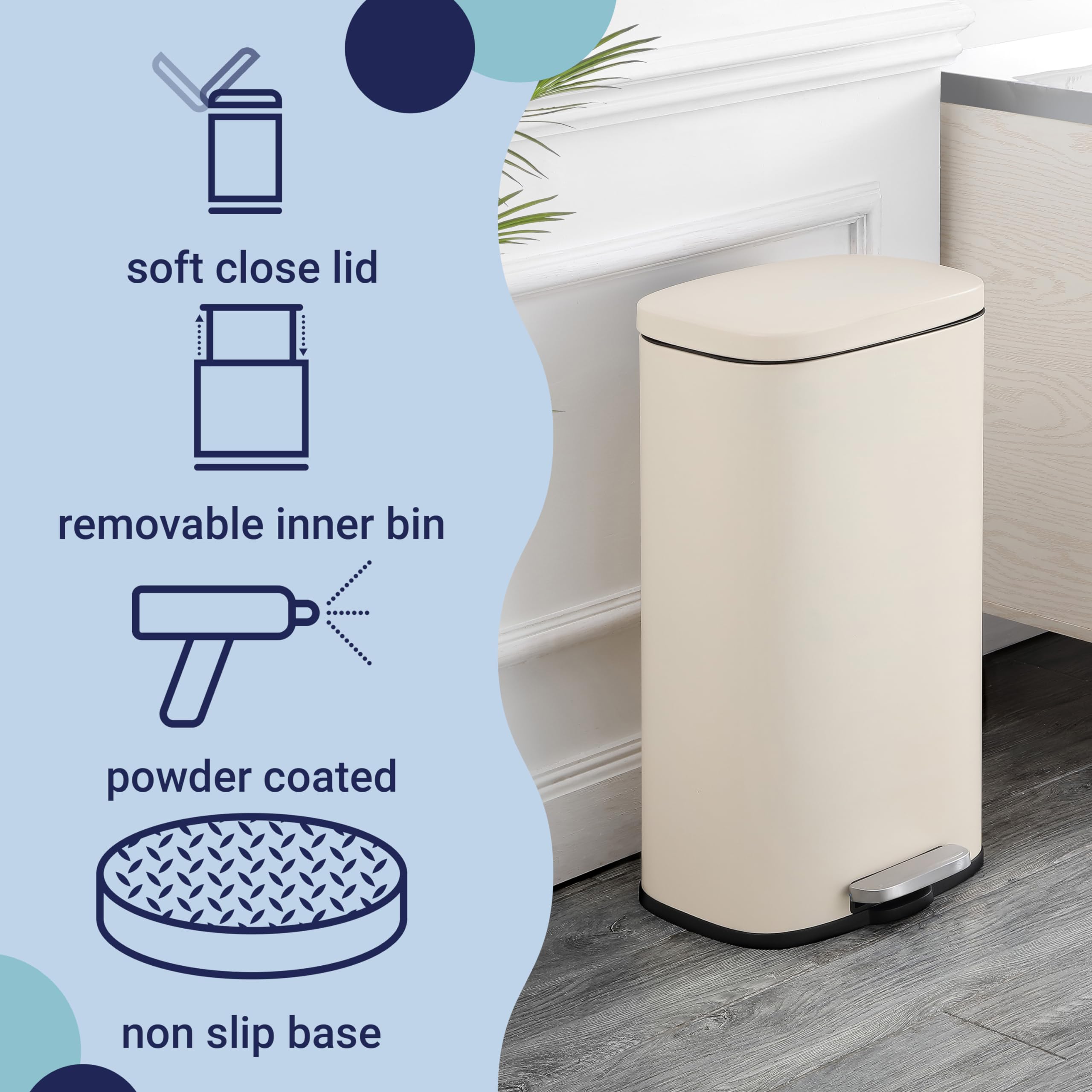 Happimess Curtis soft-close lid reduces noise while safely sealing trash.
