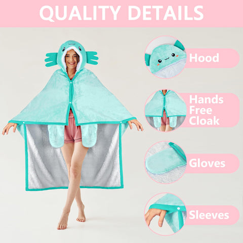 Happy Fuel Axolotl hooded blanket folded for compact, easy storage