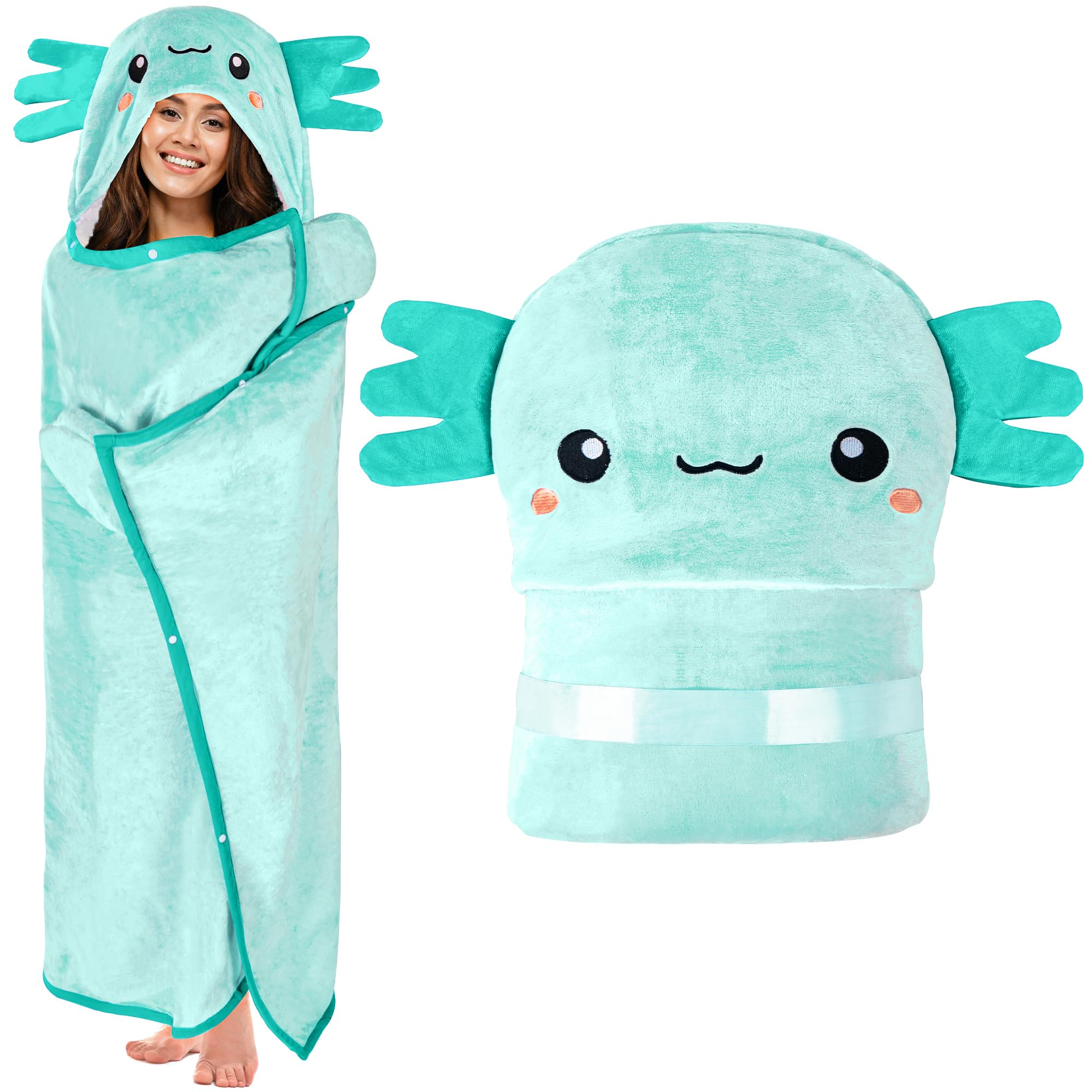 Happy Fuel Axolotl hooded blanket front view for cozy lounging at home