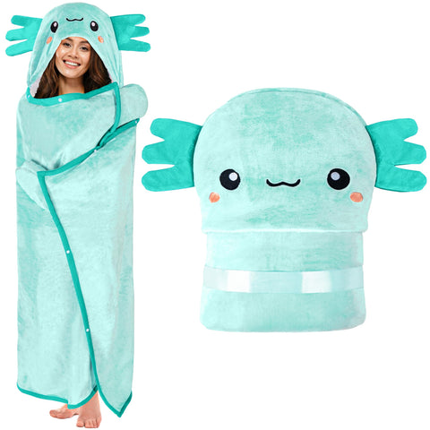 Happy Fuel Axolotl hooded blanket front view for cozy lounging at home