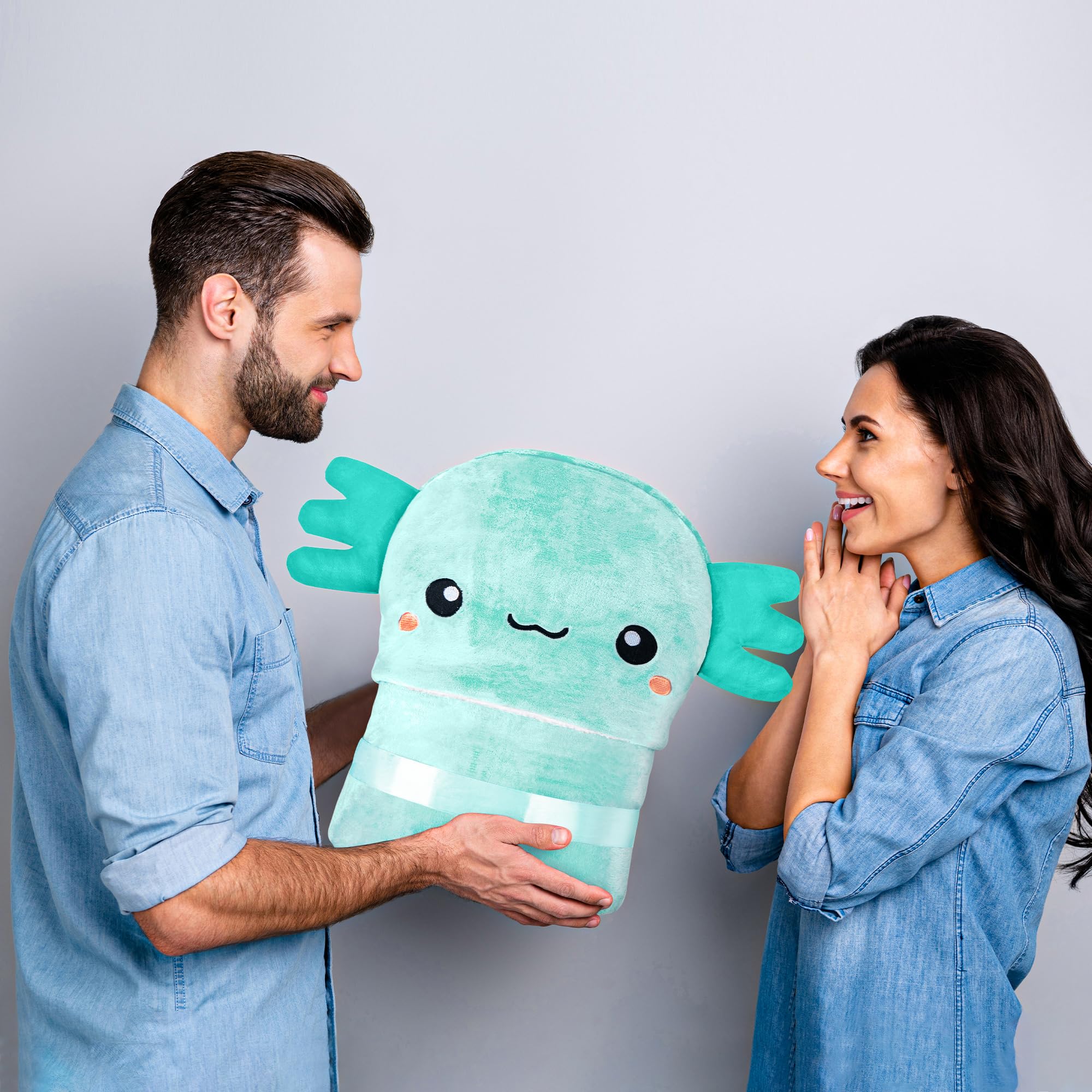Happy Fuel Axolotl hooded blanket packaged as a ready-to-gift wrap