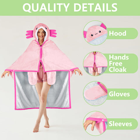 Happy Fuel Axolotl hooded blanket sherpa fleece close-up highlights ultra-soft texture