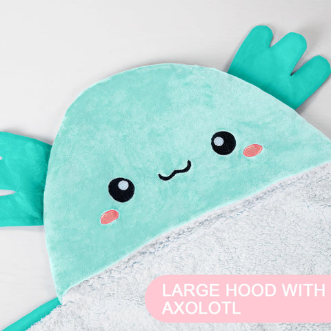 Happy Fuel Axolotl hooded blanket worn as a cape for hands-free warmth