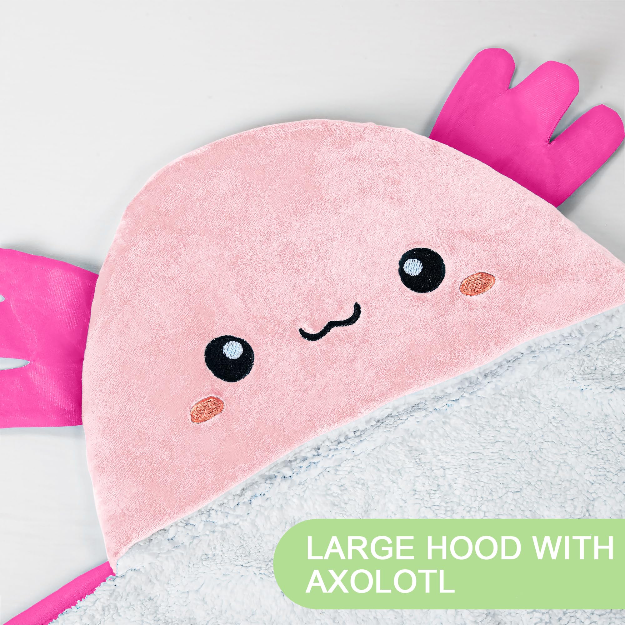 Happy Fuel Axolotl hooded blanket worn by an adult demonstrates hands-free comfort