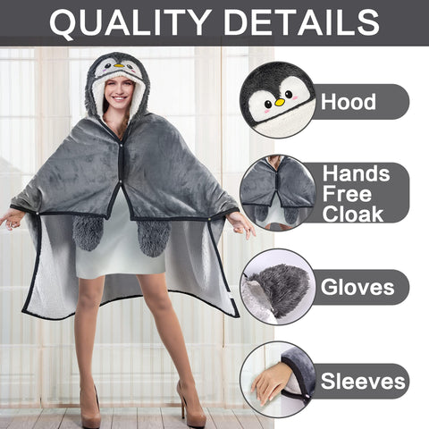 Happy Fuel Penguin hooded blanket close-up fabric shows plush sherpa softness