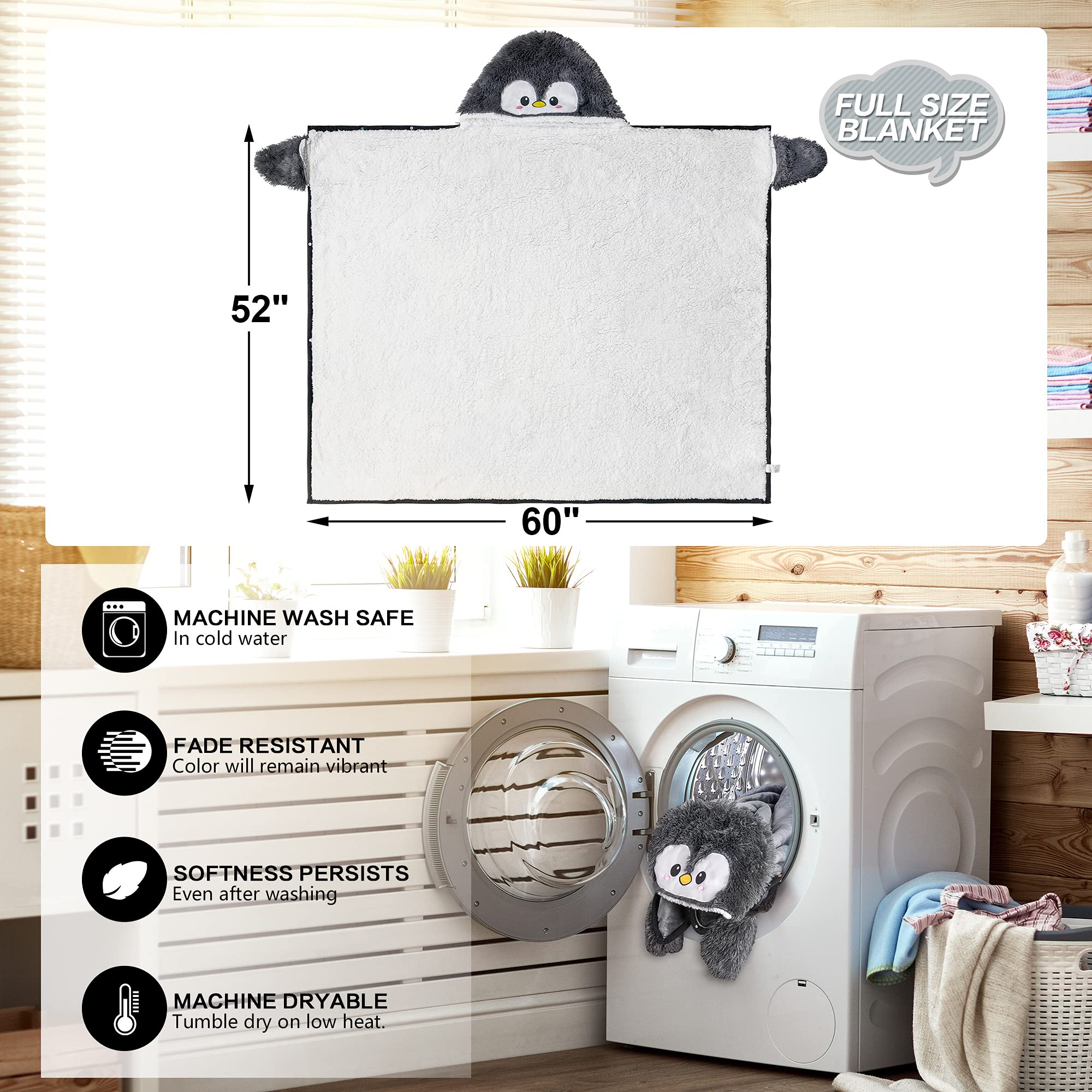 Happy Fuel Penguin hooded blanket machine-washable for easy care