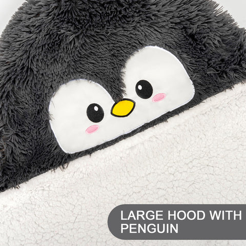 Happy Fuel Penguin hooded blanket worn as cape for hands-free warmth