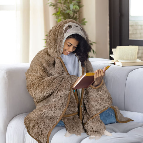 Happy Fuel Sloth Hooded Blanket worn by a child for comfy playtime.