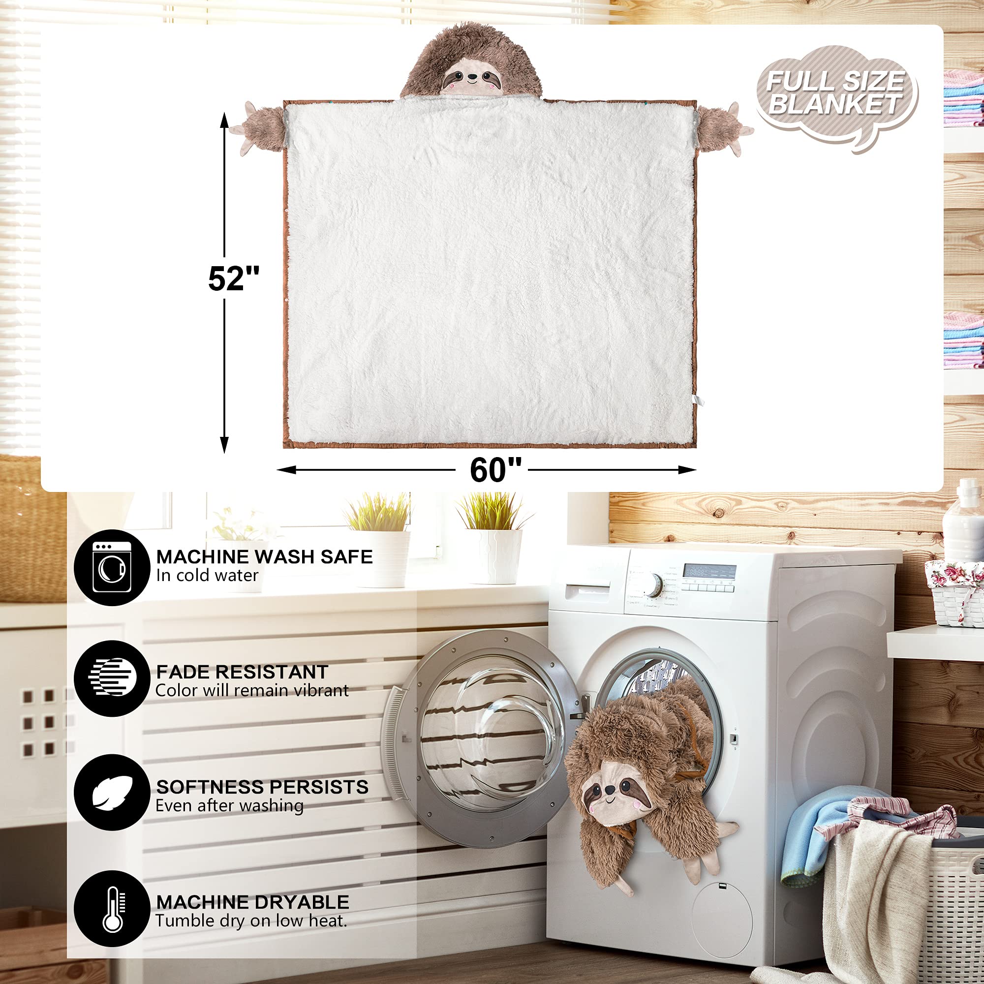Happy Fuel Sloth Hooded Blanket at a desk, keeping you warm while you work.