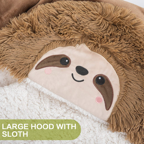 Happy Fuel Sloth Hooded Blanket worn as a wearable cloak for hands-free comfort.