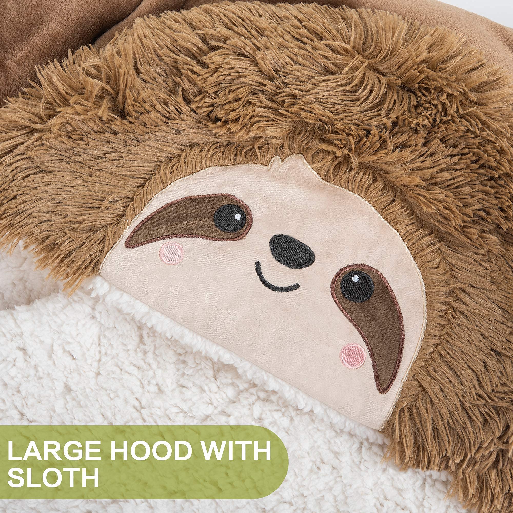 Happy Fuel Sloth wearable hooded blanket back view showing generous size