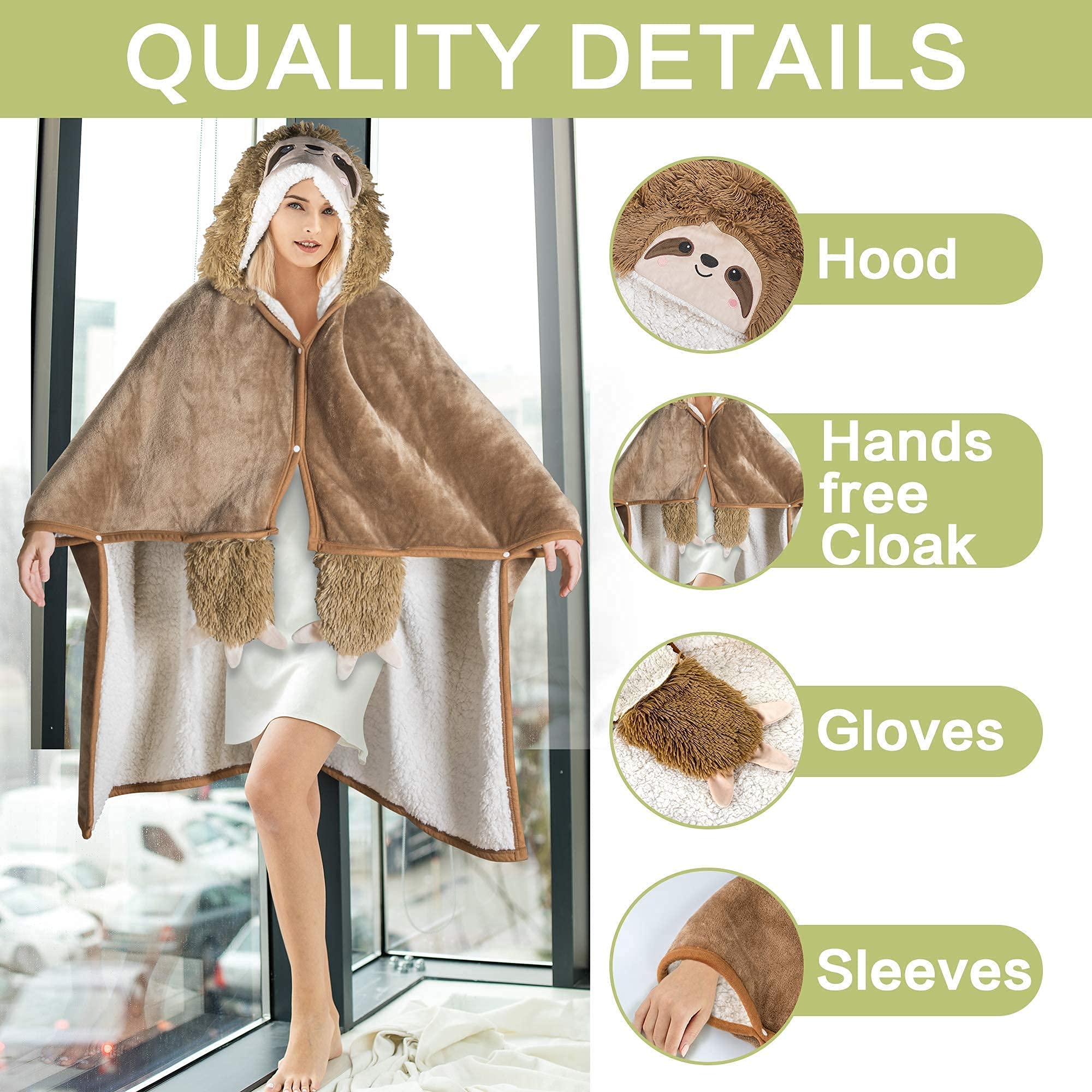 Happy Fuel Sloth wearable hooded blanket close-up fabric detail and softness