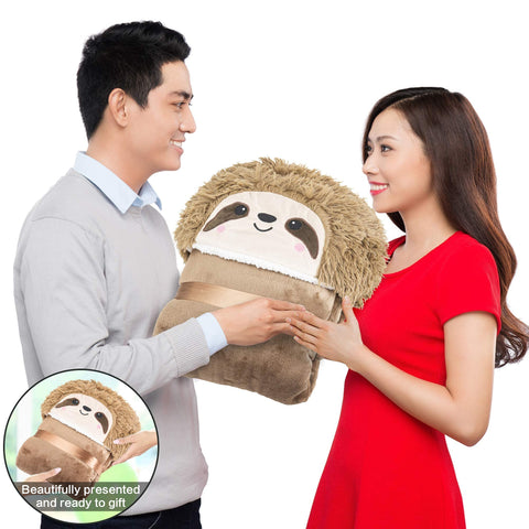 Happy Fuel Sloth wearable hooded blanket in home office setting for warmth
